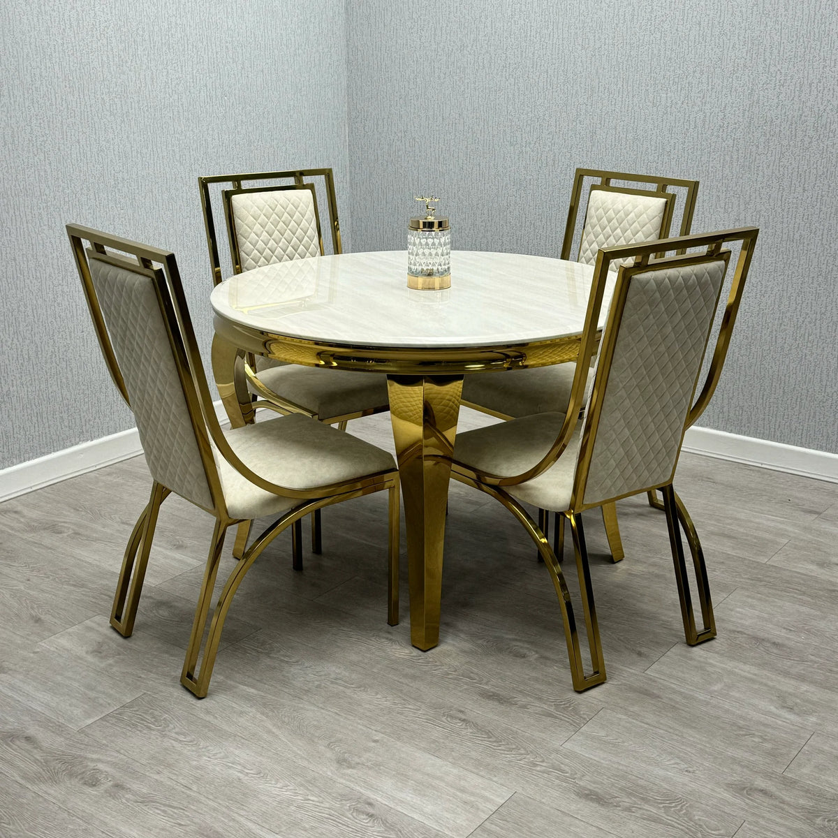 Sofia Cream Gold Marble Dining Table with Windsor Chairs for luxury dining rooms in London, featuring premium marble finish and elegant designer furniture.