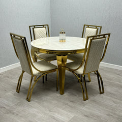 Sofia Cream Gold Marble Dining Table with Windsor Chairs for luxury dining rooms in London, featuring premium marble finish and elegant designer furniture.