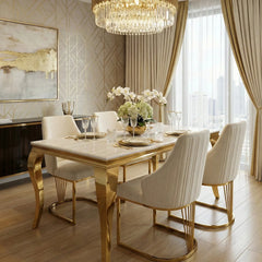 An exclusive high-end dining furniture collection featuring cream marble elegance and gold detailing, designed for Manchester luxury homes and sophisticated lifestyles.