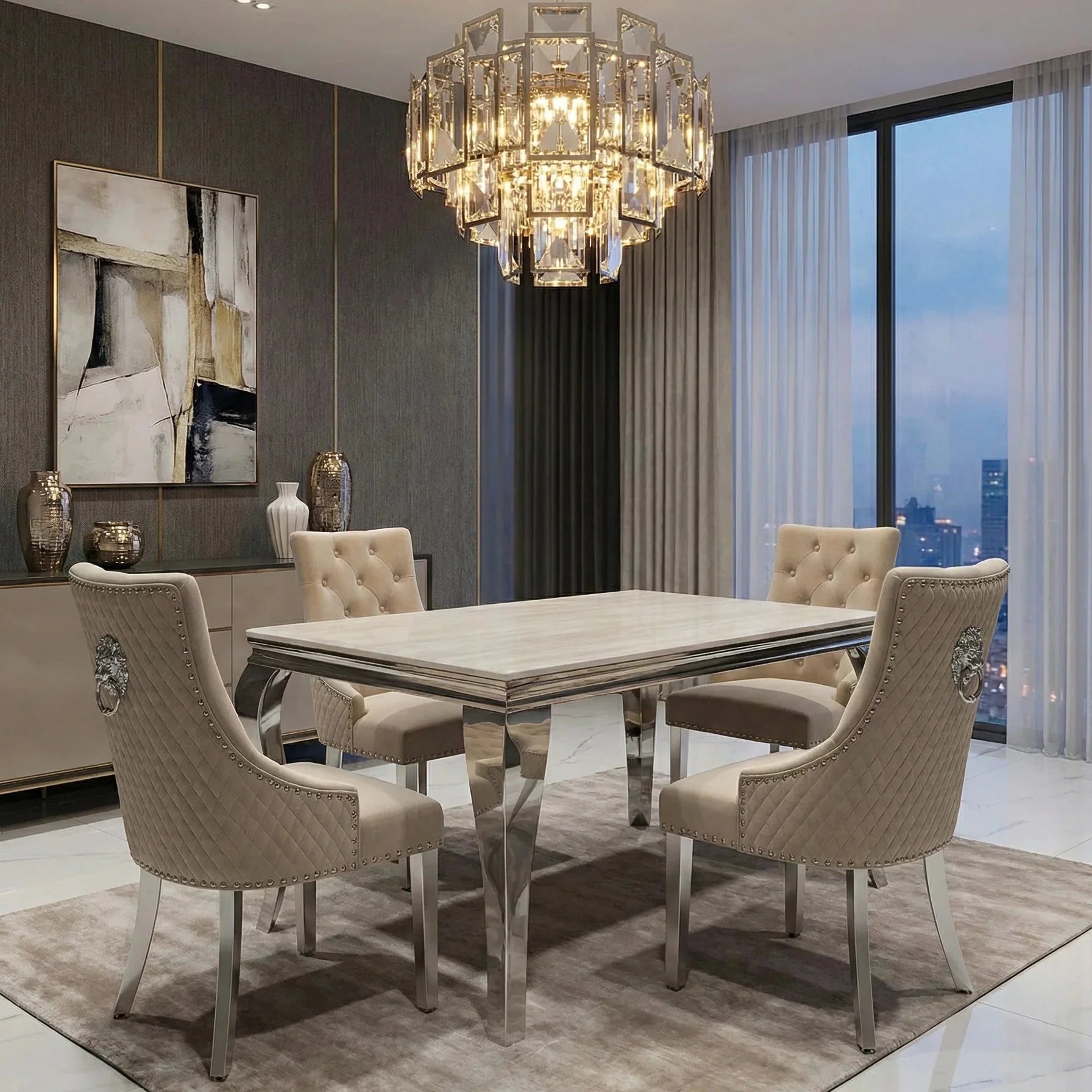 Sofia cream marble dining table with Majestic Lion Knocker Chairs for luxury UK dining rooms