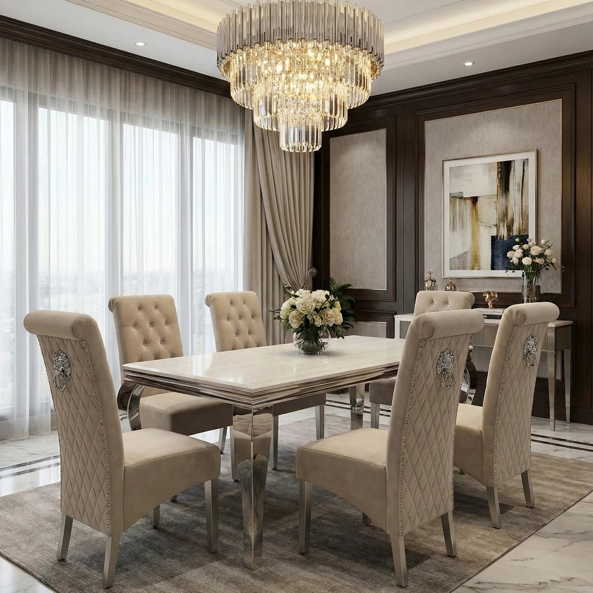 Sofia cream marble dining table with mink lion knocker chairs for luxury UK dining rooms