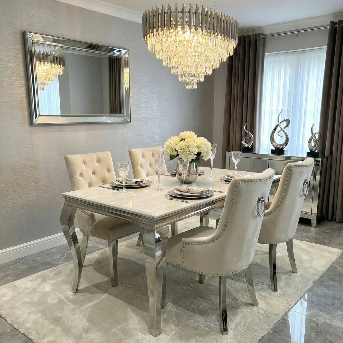 Sofia cream marble dining table with Valencia Ring Knocker Chairs luxury dining set for elegant London homes, perfect for luxury dining rooms and entertaining guests.