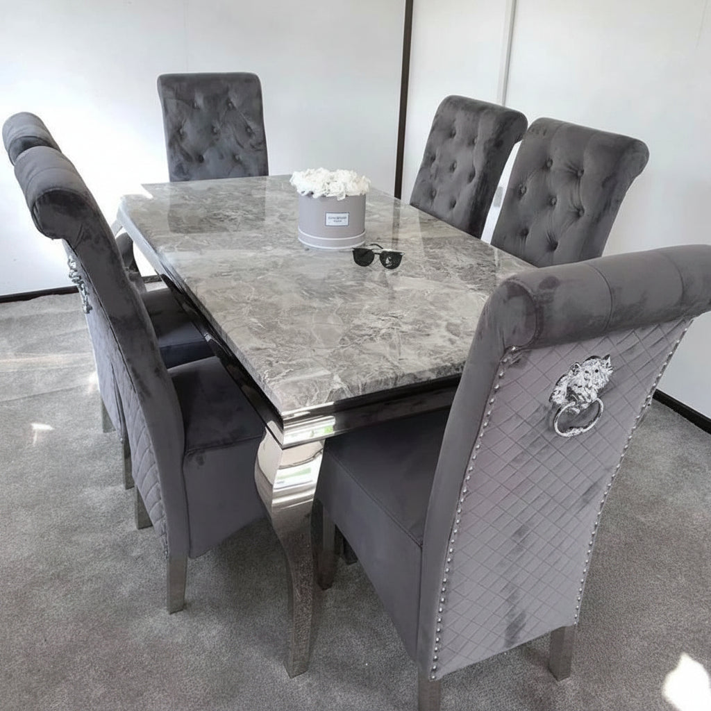 Sofia grey marble dining set with Rocky upholstered dining chairs