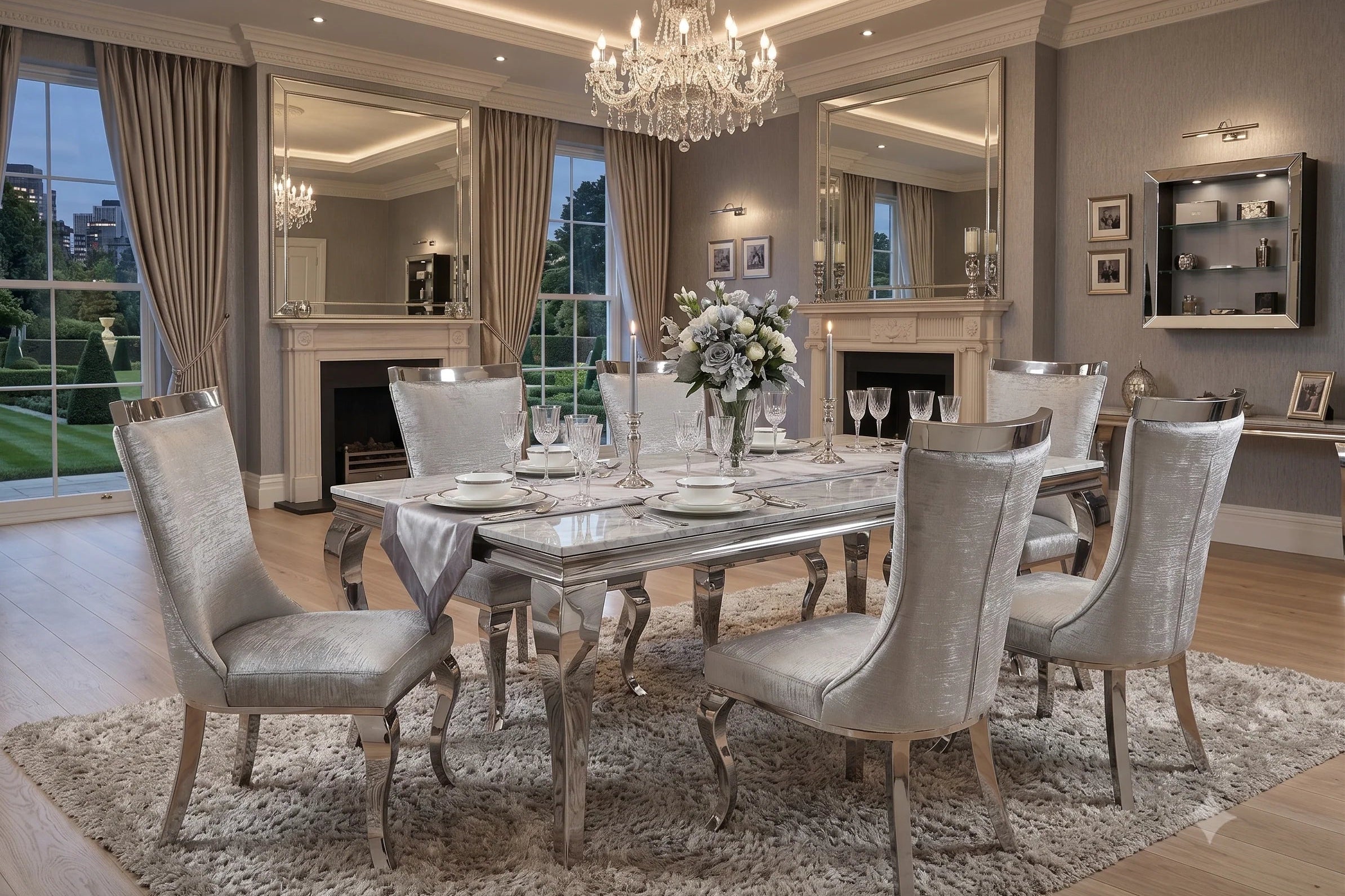 Premium grey marble dining set with comfortable Rocky fabric upholstered dining chairs