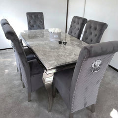 Sofia grey marble dining set with Rocky upholstered dining chairs