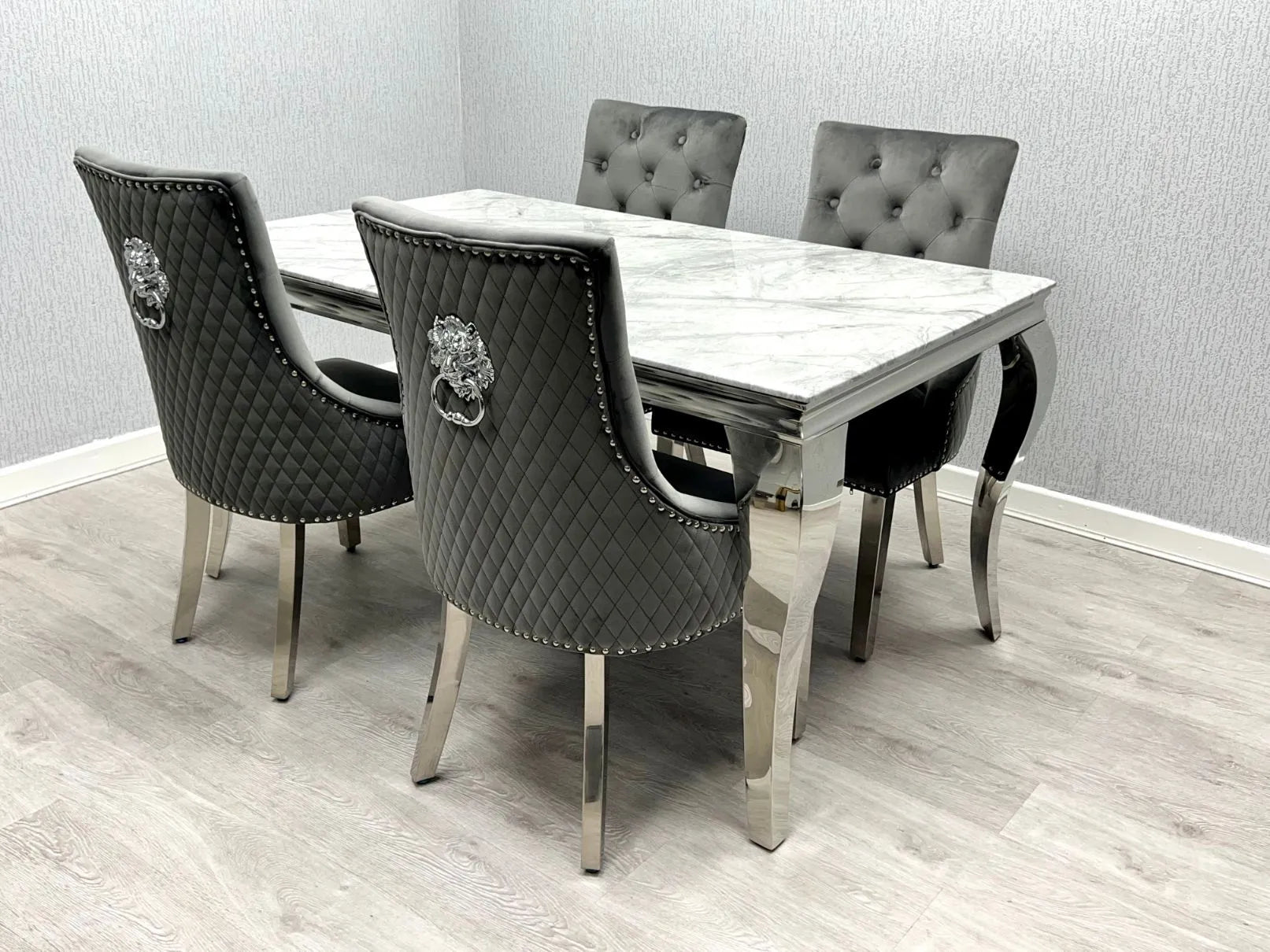 Luxury Sofia grey marble dining set with upholstered Henley knocker back chairs