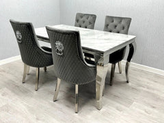 Luxury Sofia grey marble dining set with upholstered Henley knocker back chairs