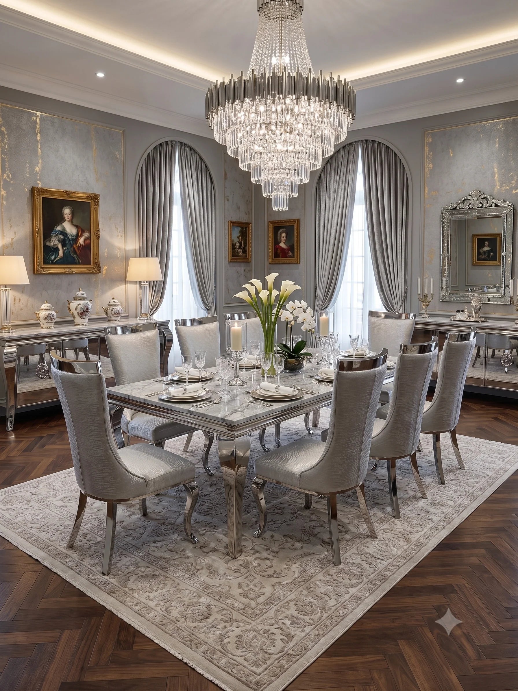 Spacious eight seater grey marble dining set perfect for entertaining guests