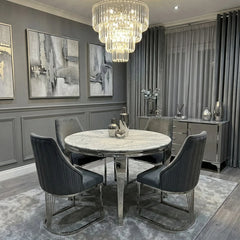 Sofia grey marble dining table with Lasco Grey fabric chairs for luxury London dining rooms and contemporary family homes.