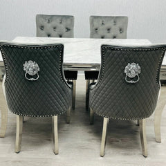 Sofia grey marble dining table with Majestic Grey Lion Knocker Chairs for luxury dining rooms in London, perfect for contemporary family homes.