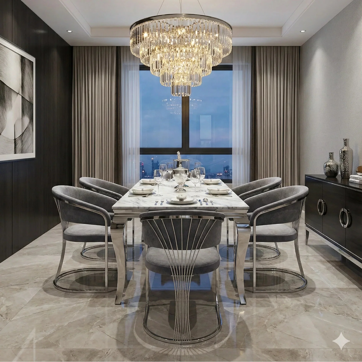 Sofia Grey Marble Dining Table with Porado Grey Chairs | Luxury Dining Set UK
