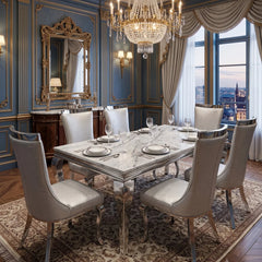 Sofia grey marble dining table with Rocky grey chairs for luxury modern UK dining rooms