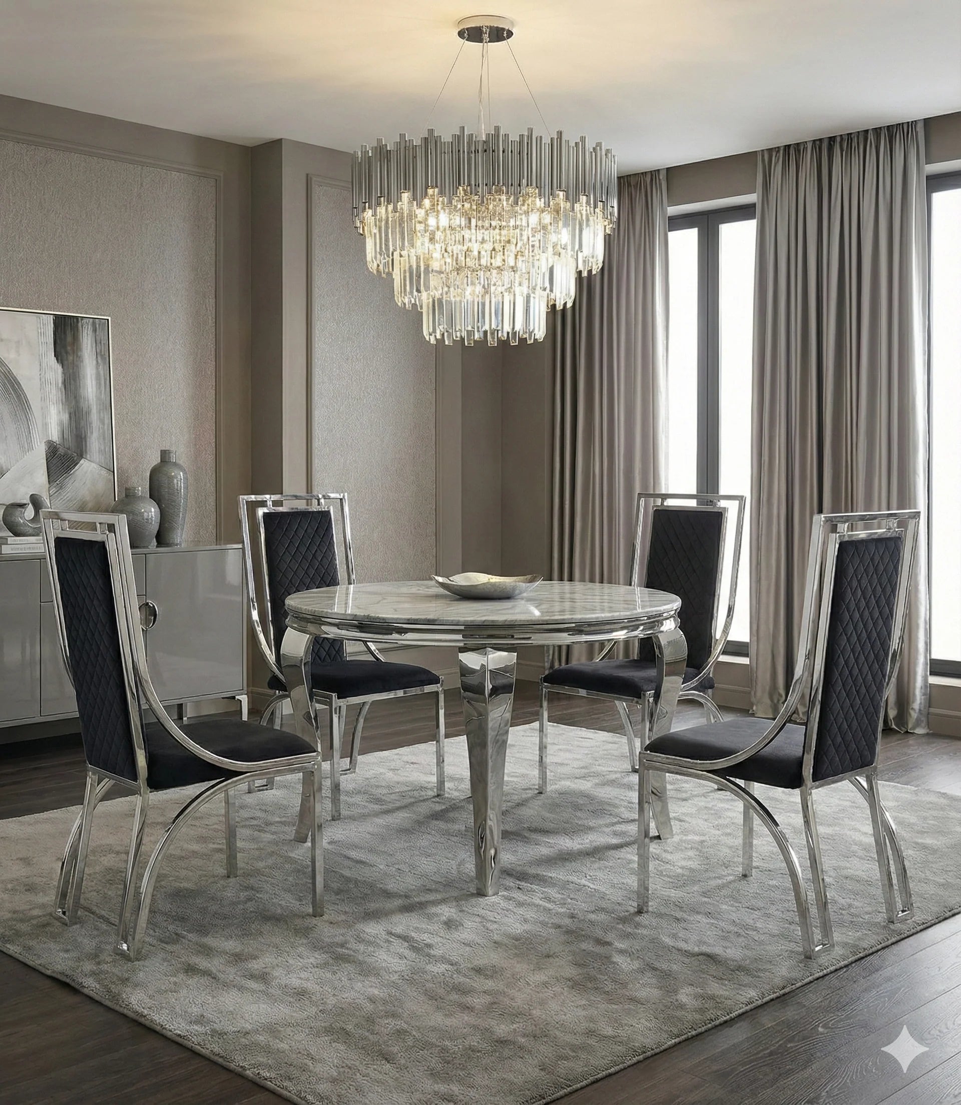 Sofia grey marble dining table with Windsor chairs luxury dining set for elegant London apartments, perfect for modern dining rooms and entertaining guests.