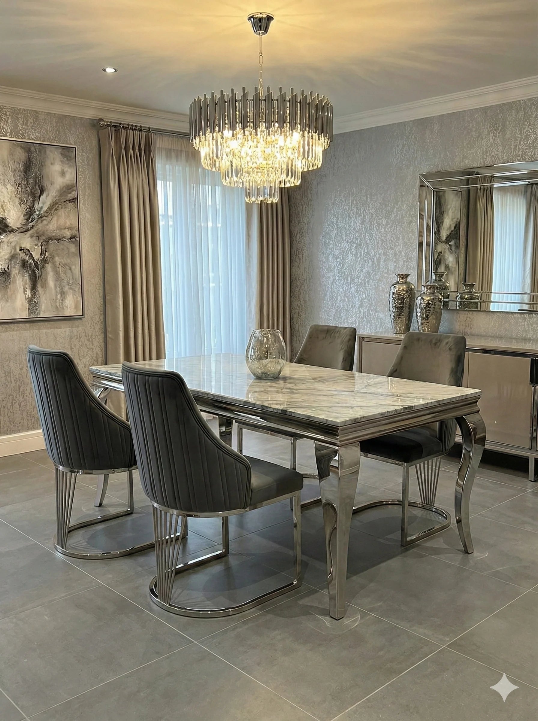 Premium dining furniture featuring a grey marble tabletop and Lasco Grey chairs for luxury Newcastle homes.