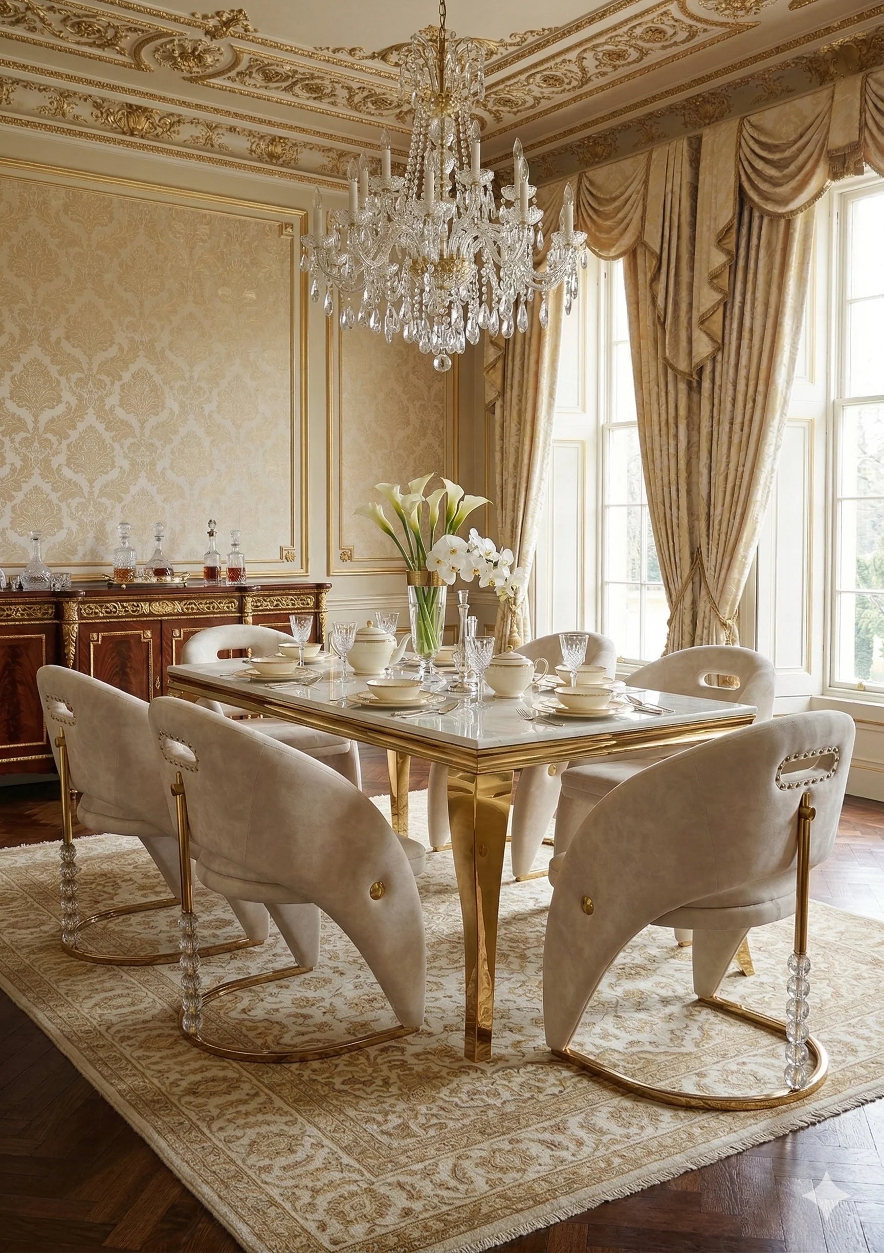 Sofia cream gold marble dining set with Vegas chairs designed for spacious family dining rooms and open plan kitchens in Leeds, York and Harrogate UK