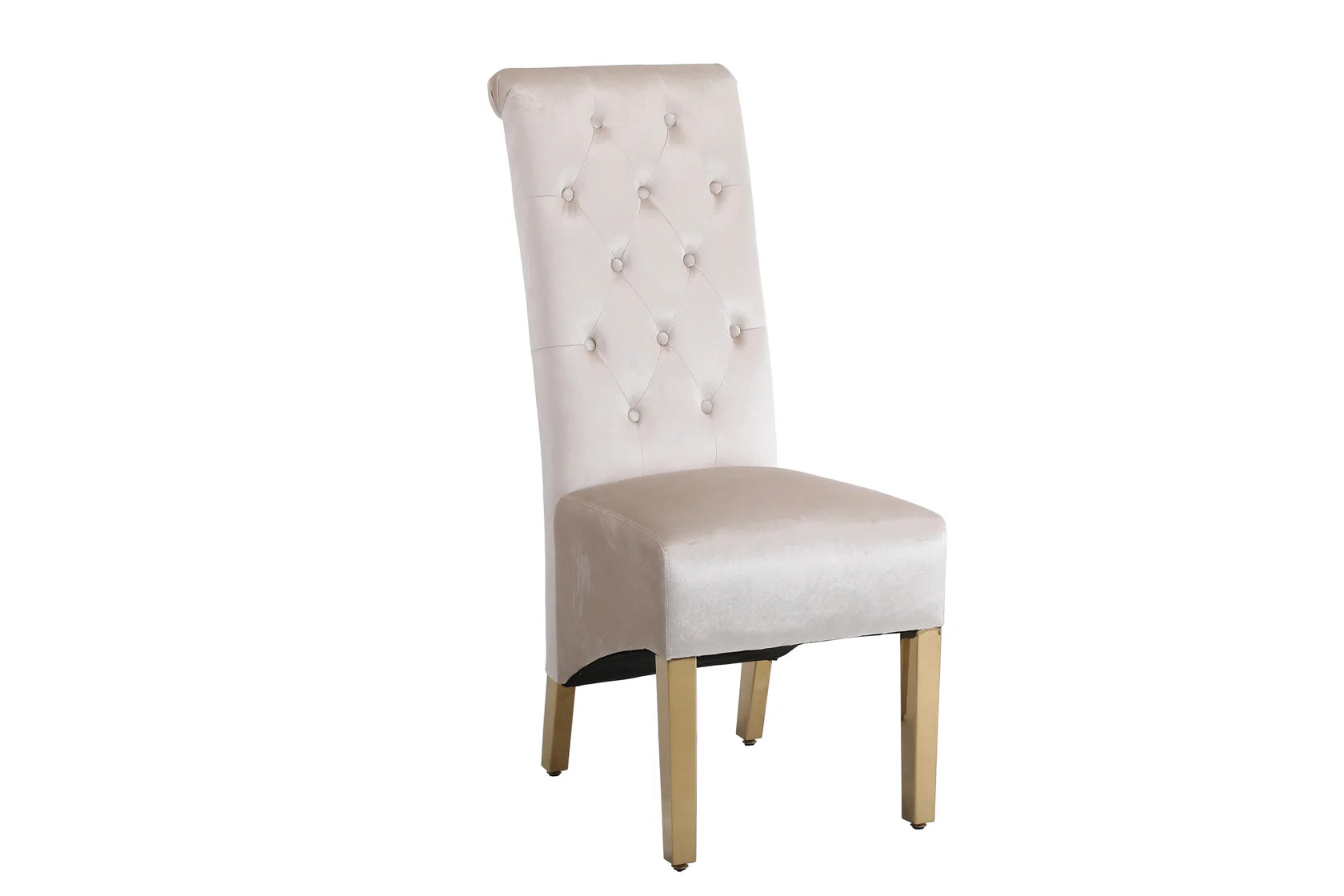 Sofia mink dining chair with elegant gold frame and legs, designed for a sophisticated luxury dining room
