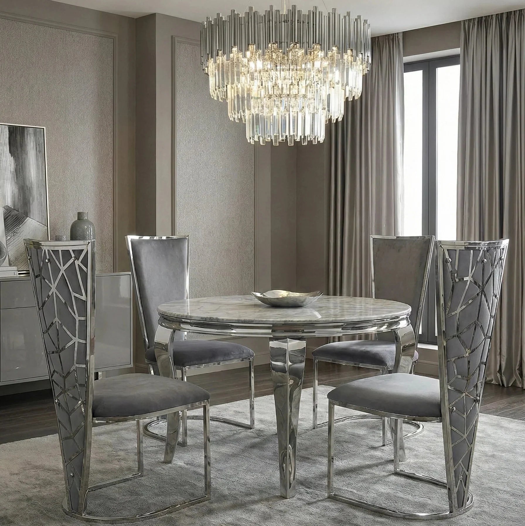 Sofia Grey Marble Dining Table with Vienna Grey Chairs creating a luxury dining room centrepiece for London homes, perfect for elegant family meals and stylish entertaining.