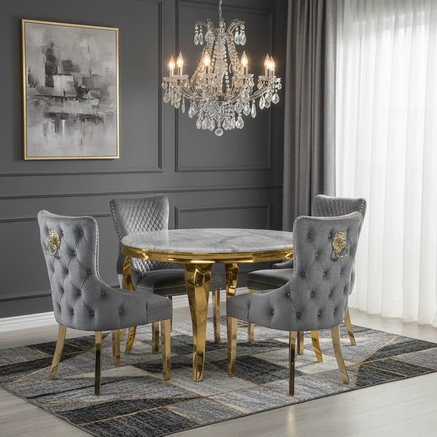 A designer round marble dining set crafted for Manchester luxury homes, combining premium gold detailing with elegant Victoria Lion Knocker Chairs.
