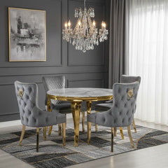 A designer round marble dining set crafted for Manchester luxury homes, combining premium gold detailing with elegant Victoria Lion Knocker Chairs.