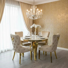 Sofia Round Cream & Gold Marble Dining Table with Victoria Knocker Chairs creating a luxury dining experience for London penthouses, designer apartments, and prestigious residences.