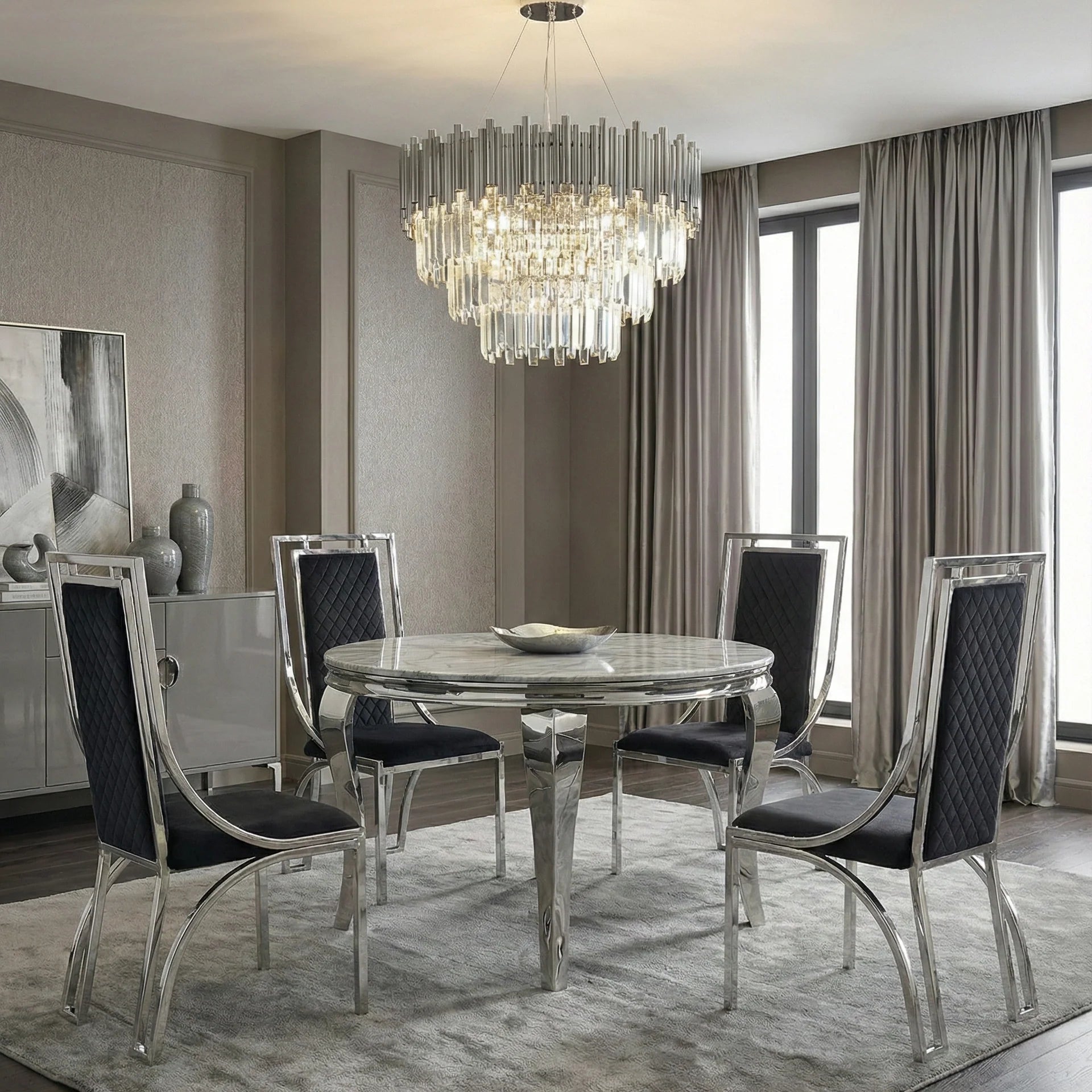 Sofia round grey marble dining table with Windsor dining chairs