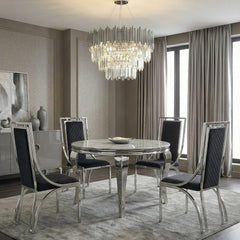Sofia round grey marble dining table with Windsor dining chairs