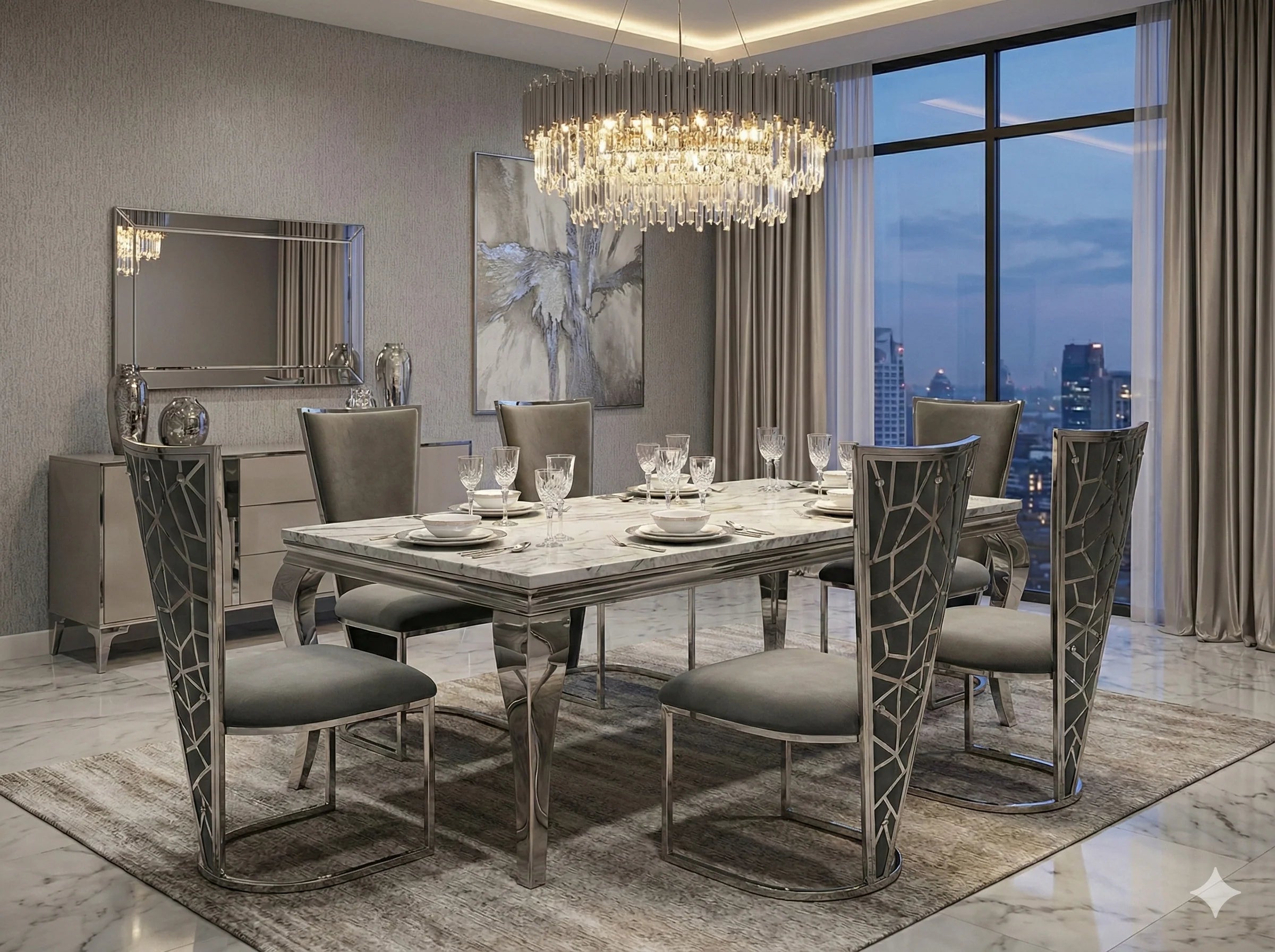 Modern grey marble dining suite with Vienna upholstered chairs designed for Manchester apartments, adding premium style to contemporary open-plan kitchens.