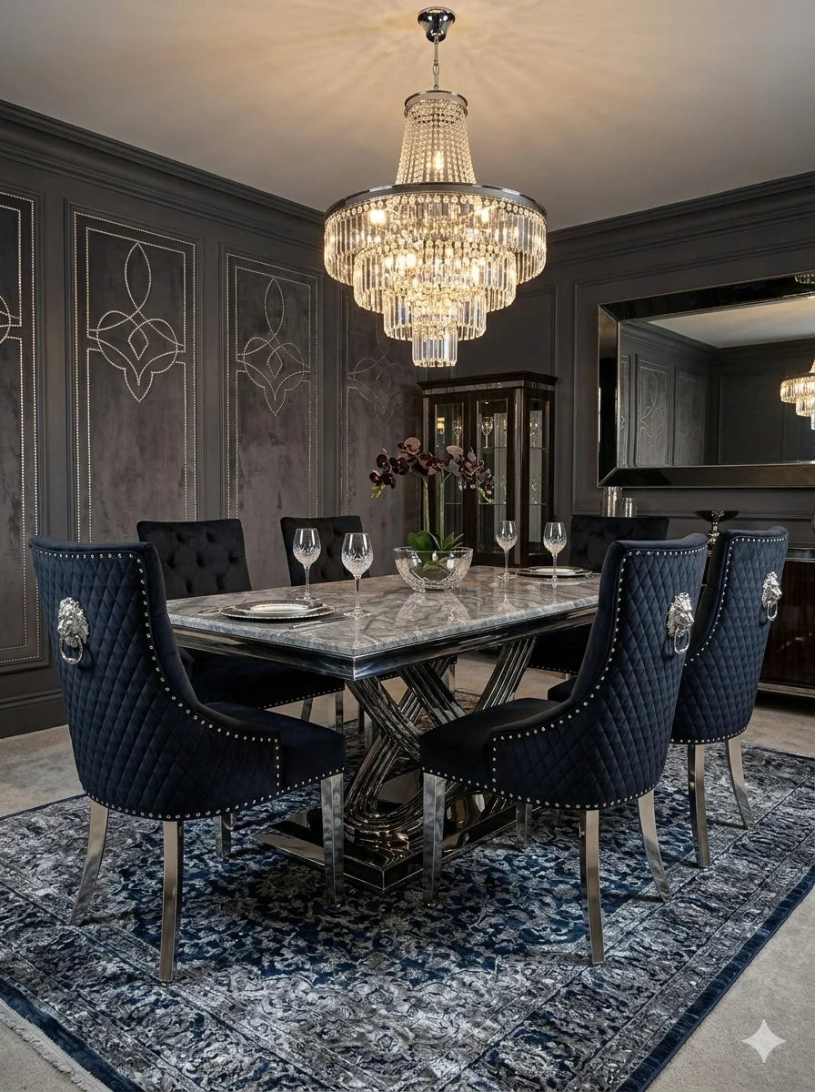 Statement grey marble dining table with regal velvet seating for a glamorous contemporary home interior