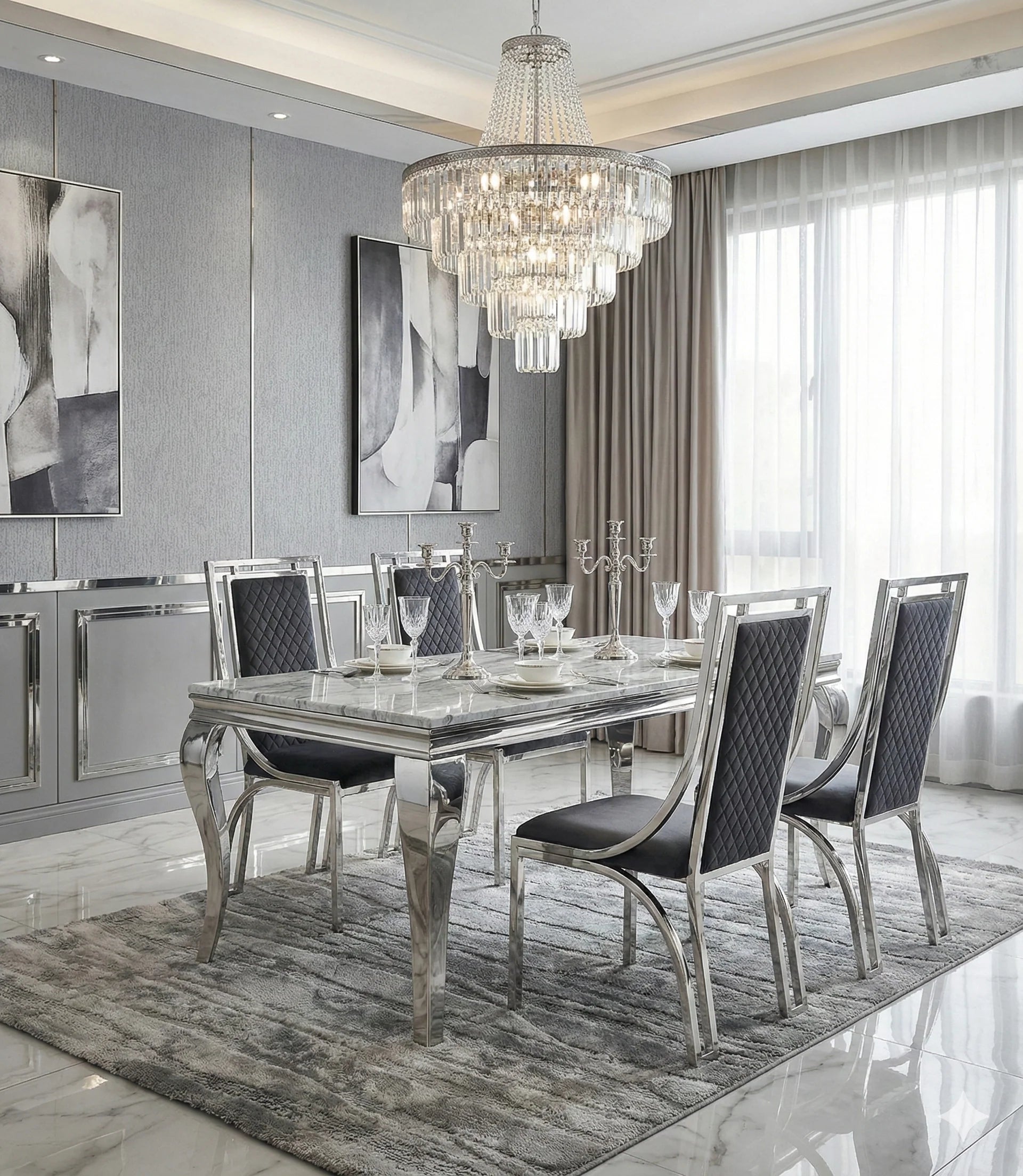 Sofia grey marble dining table with Windsor chairs luxury dining set for UK homes, ideal for family dining, formal dinners, open-plan kitchens, and premium interior design projects.