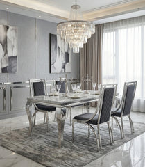 Sofia grey marble dining table with Windsor chairs luxury dining set for UK homes, ideal for family dining, formal dinners, open-plan kitchens, and premium interior design projects.