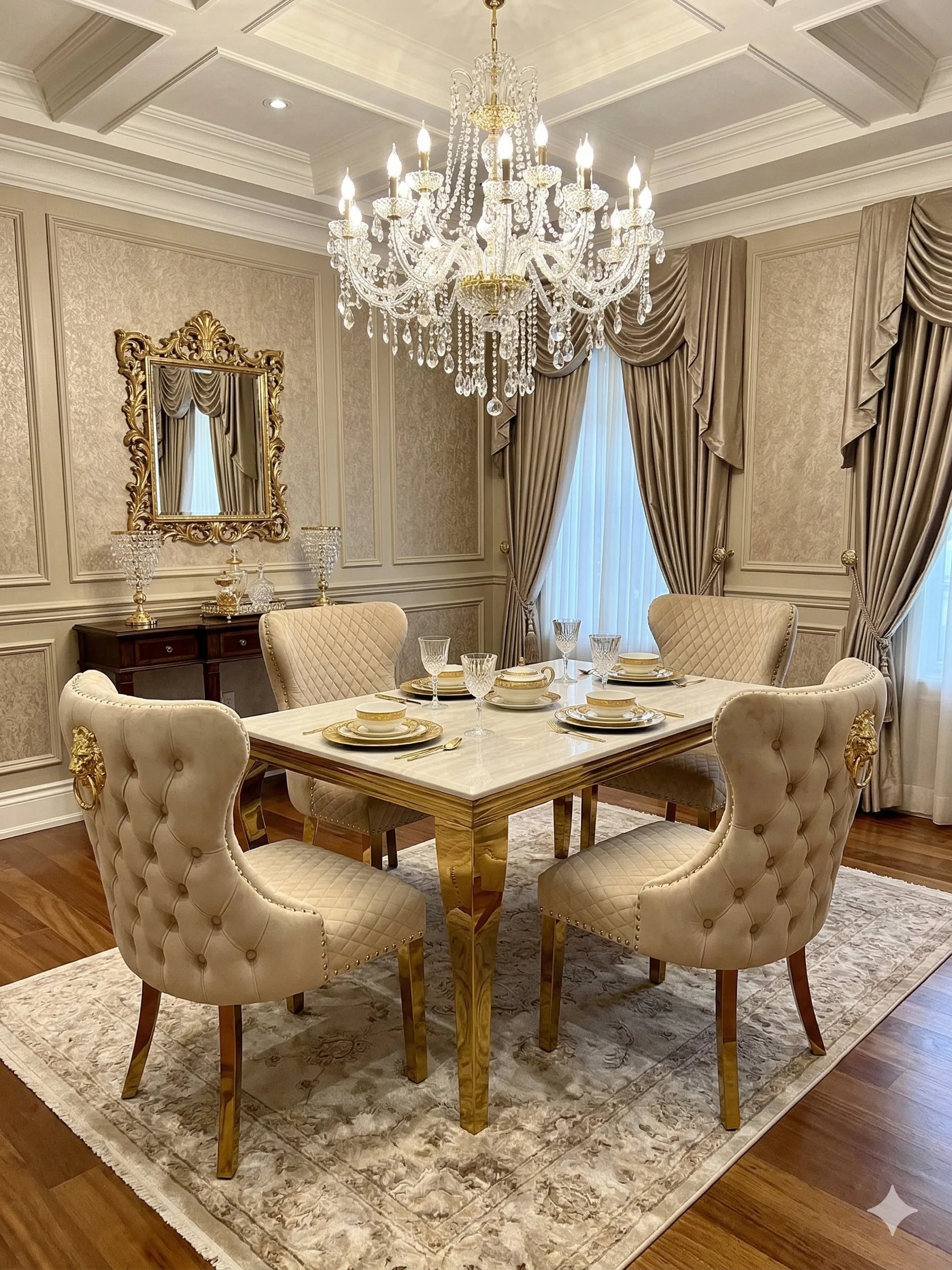 Statement marble dining table with gold chairs creating an impressive focal point for contemporary luxury interiors