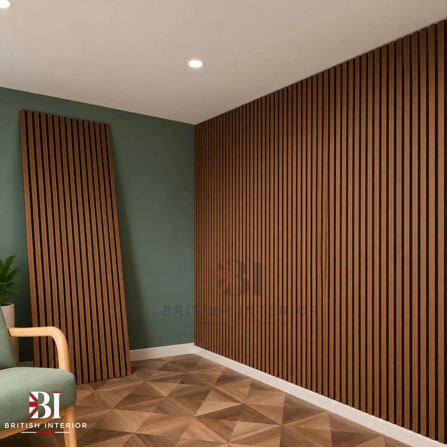 Teak Oak acoustic slatted panel for a TV media wall
