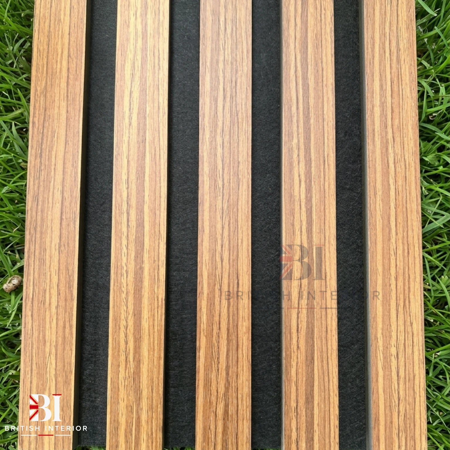 Close-up of Teak Oak acoustic wall panel slats