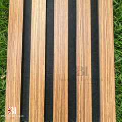 Close-up of Teak Oak acoustic wall panel slats
