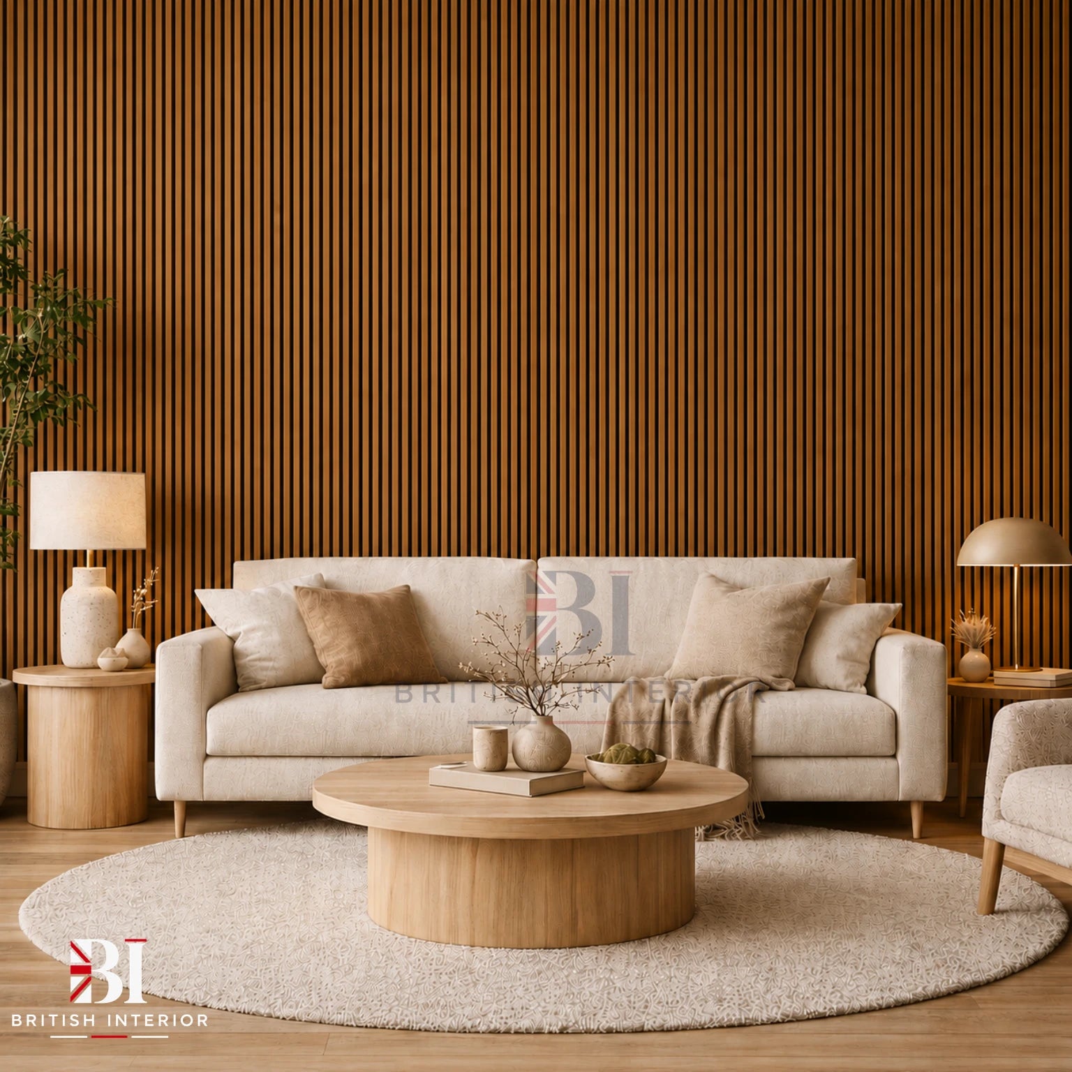 Teak Oak slat wall panel in a modern Living Room