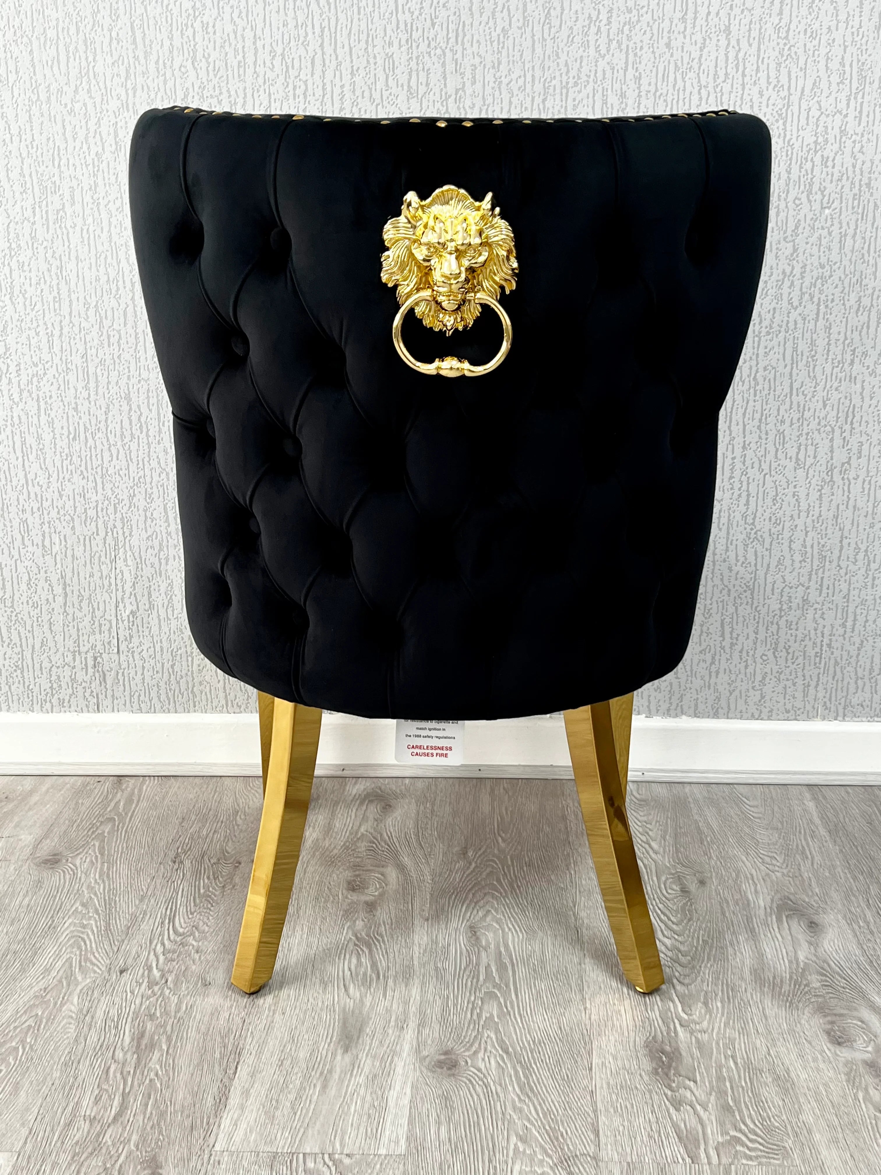 Valentino black  dining chairs paired with the Ravello black and gold table, offering a sophisticated coordinated dining arrangement with luxurious contemporary appeal.