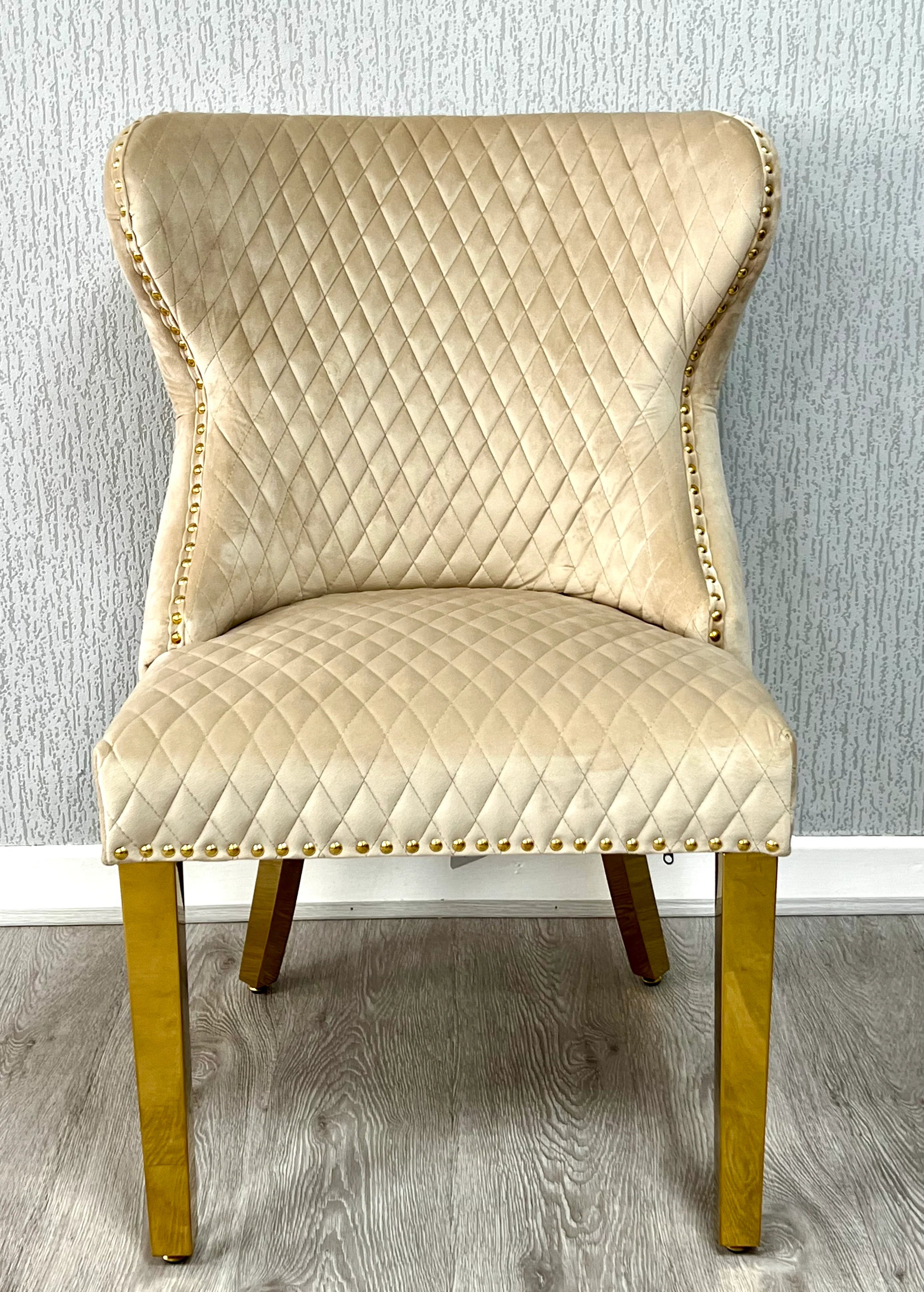 Valentino Gold Chairs paired with the Elina 180cm marble dining table, creating a glamorous family dining setting for Leicester homes and contemporary interiors.