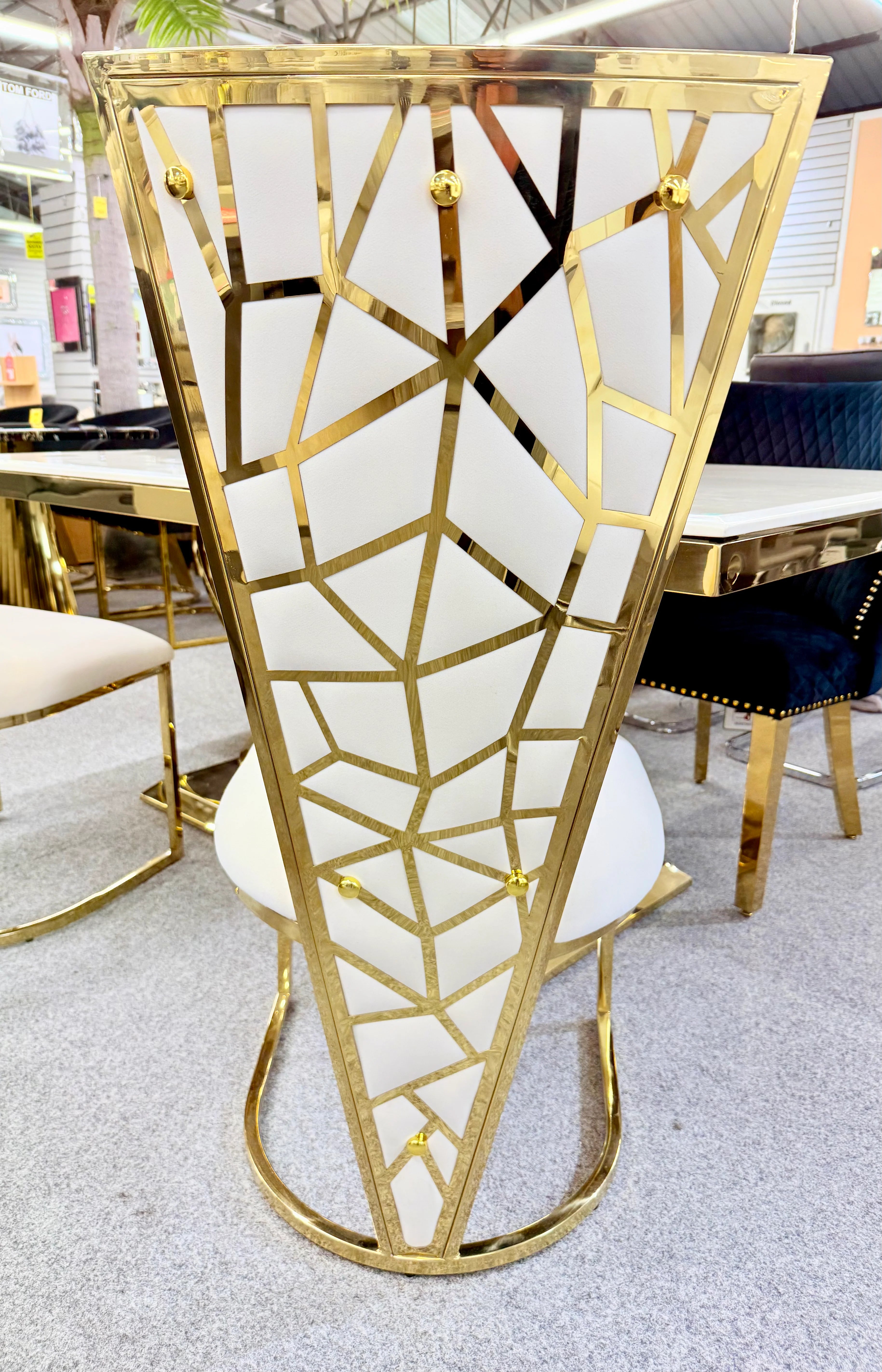 Premium 160cm dining set combining cream marble, radiant gold detailing and sophisticated upholstered Vienna Chairs