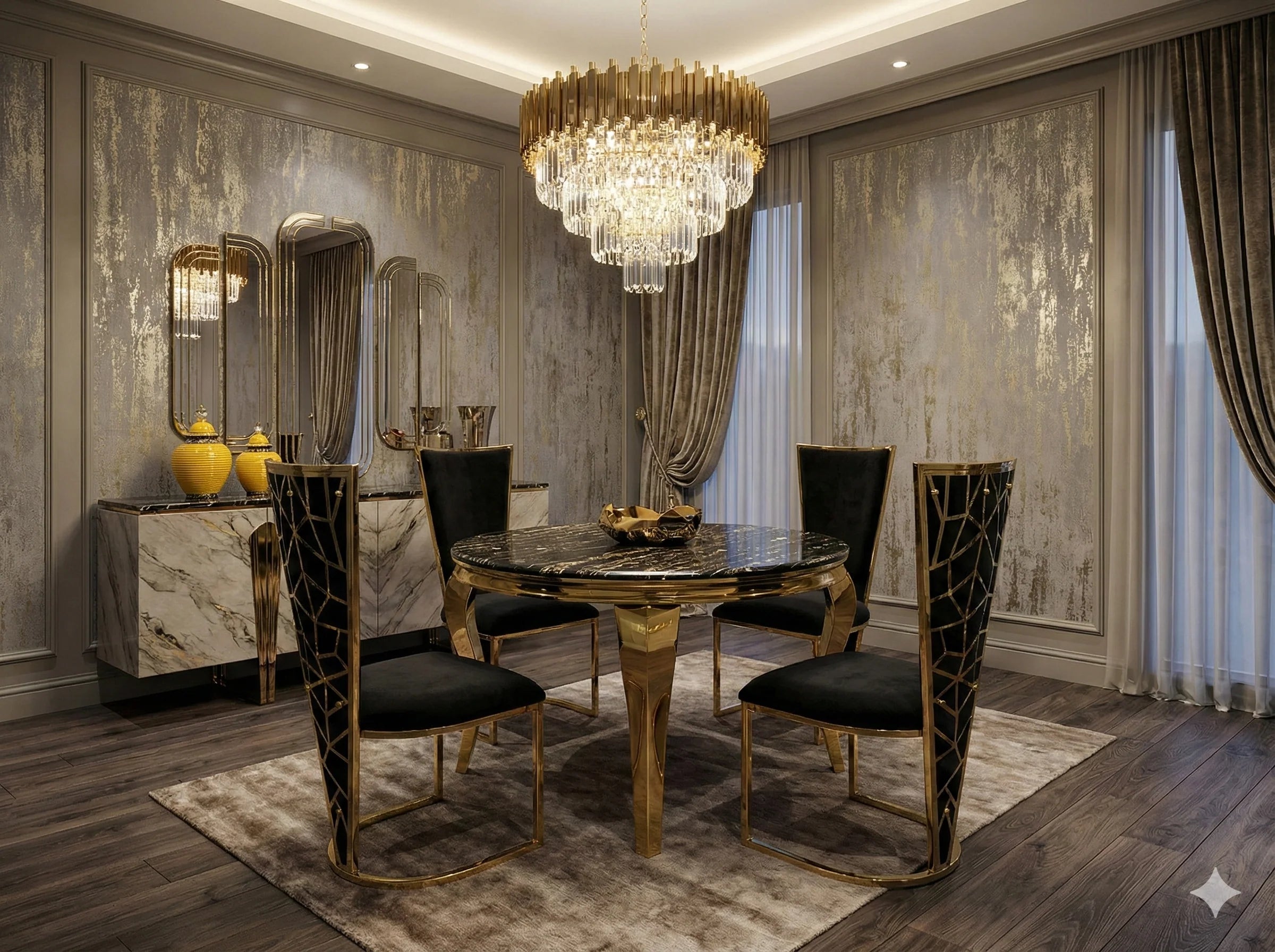 Designer marble dining set with gold accents and upholstered Vienna chairs for modern interiors across Guildford, Weybridge and Surrey