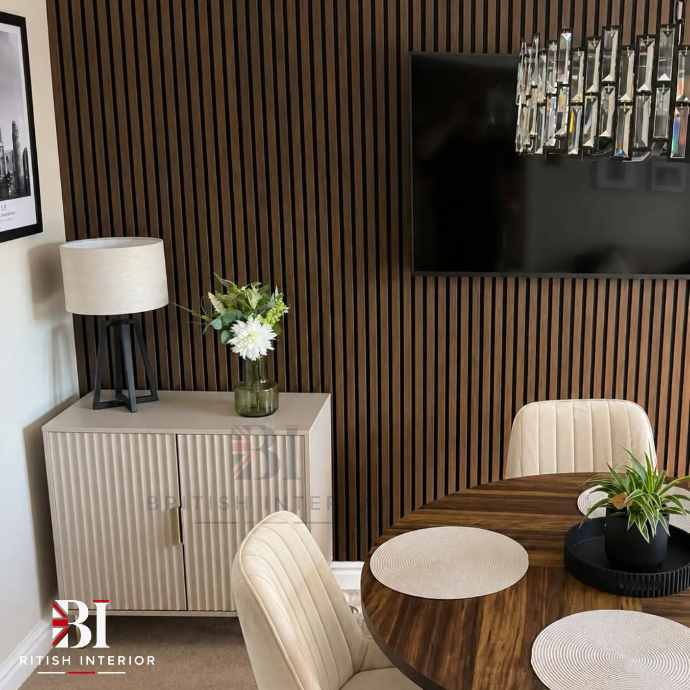 Walnut slat wall panels behind a television in a modern living room