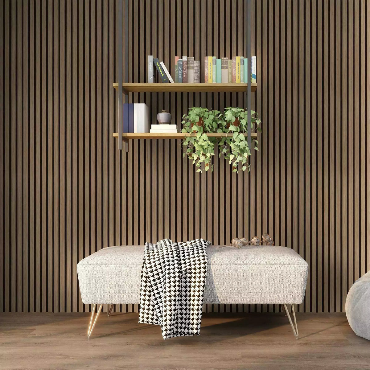 Walnut acoustic slatted wall panels 32x240cm