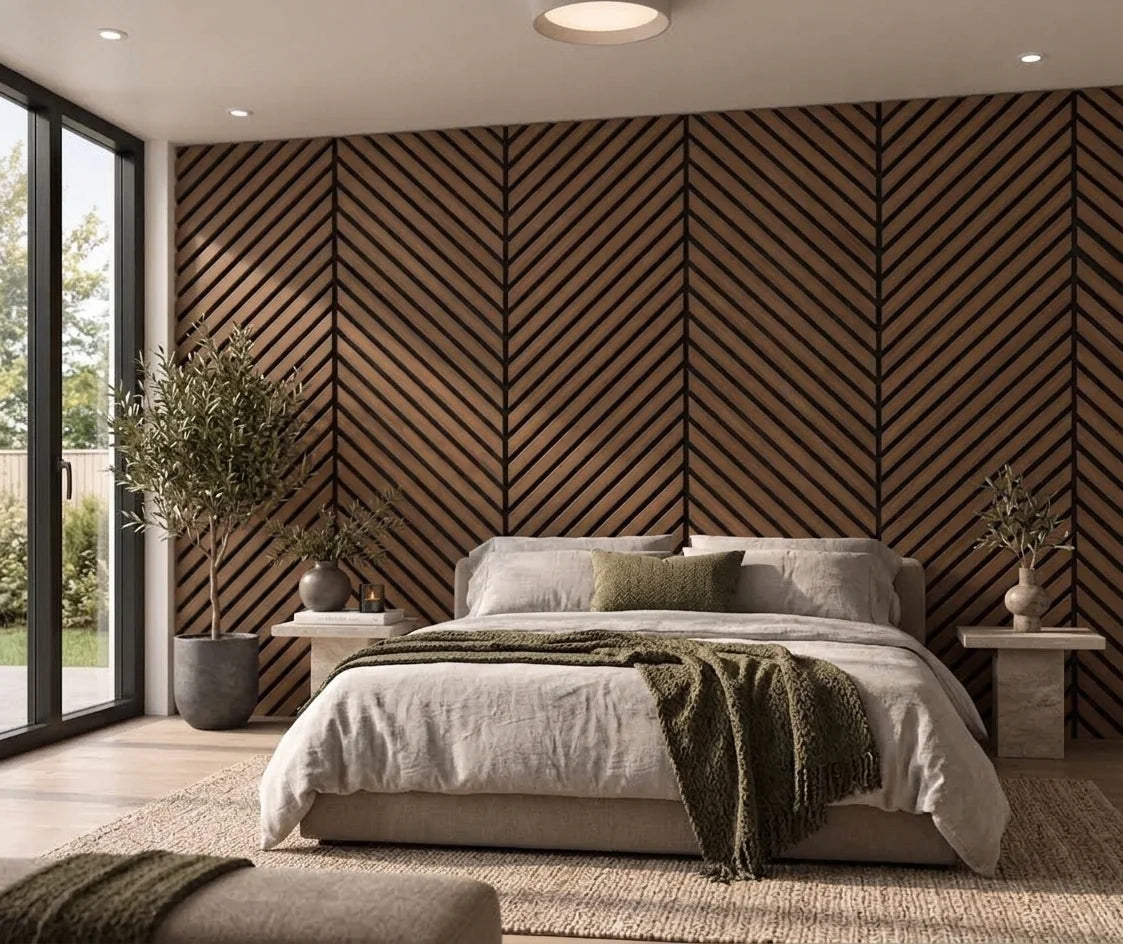 Walnut acoustic slat wall panel for a bedroom feature wall