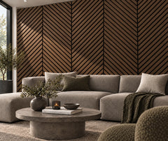 Walnut acoustic slat wall panel for a living room