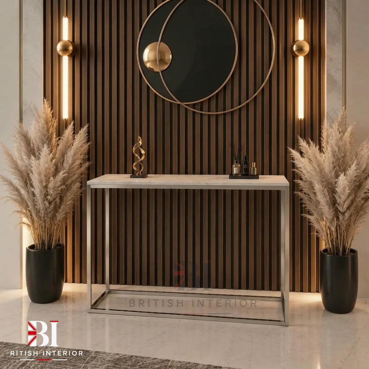 Walnut acoustic slat wall panels installed on a living room wall