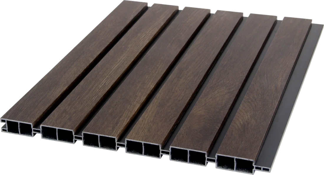 Close-up of walnut composite fence panel wood-effect finish