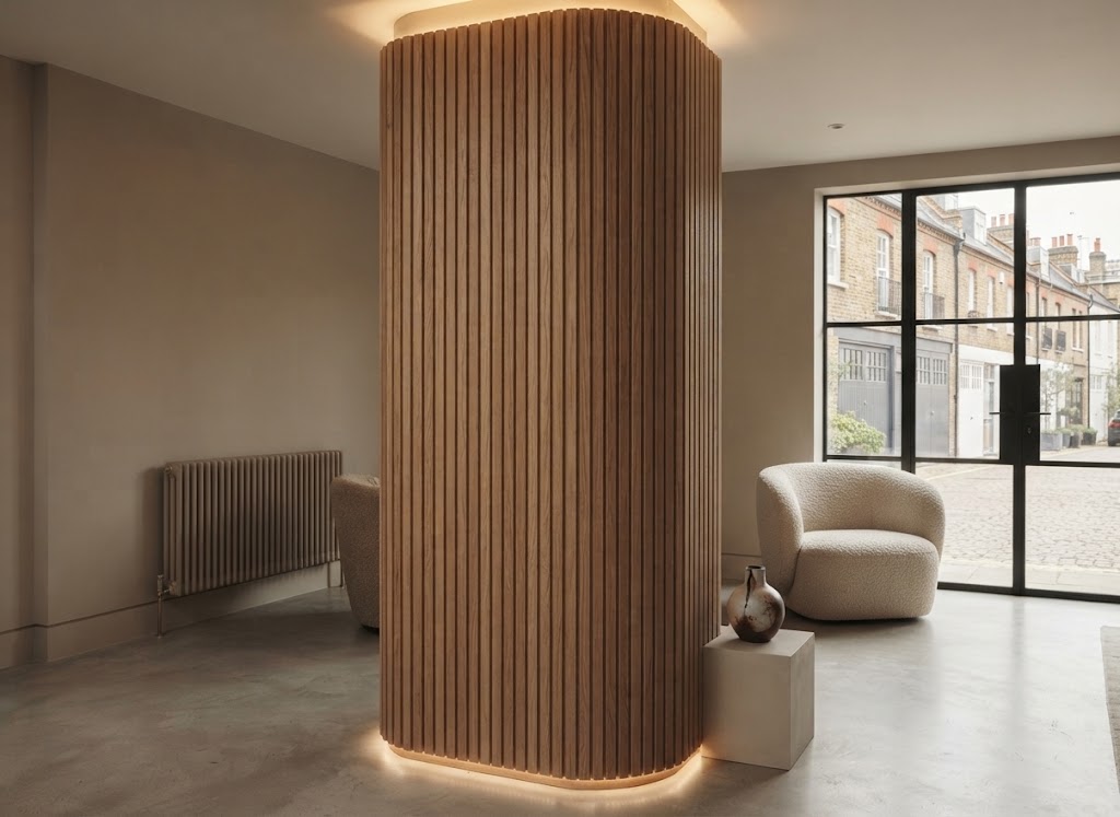 Flexible walnut slat wall panels used for a feature wall