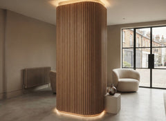 Flexible walnut slat wall panels used for a feature wall