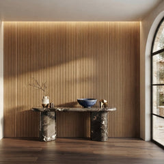 Walnut Flute feature wall panels in a living room