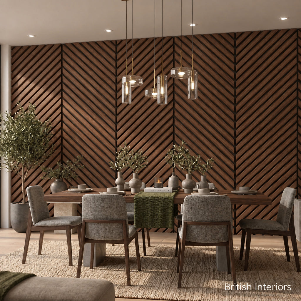 Walnut acoustic linear slat feature wall in a contemporary interior