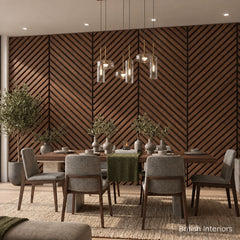 Walnut acoustic linear slat feature wall in a contemporary interior
